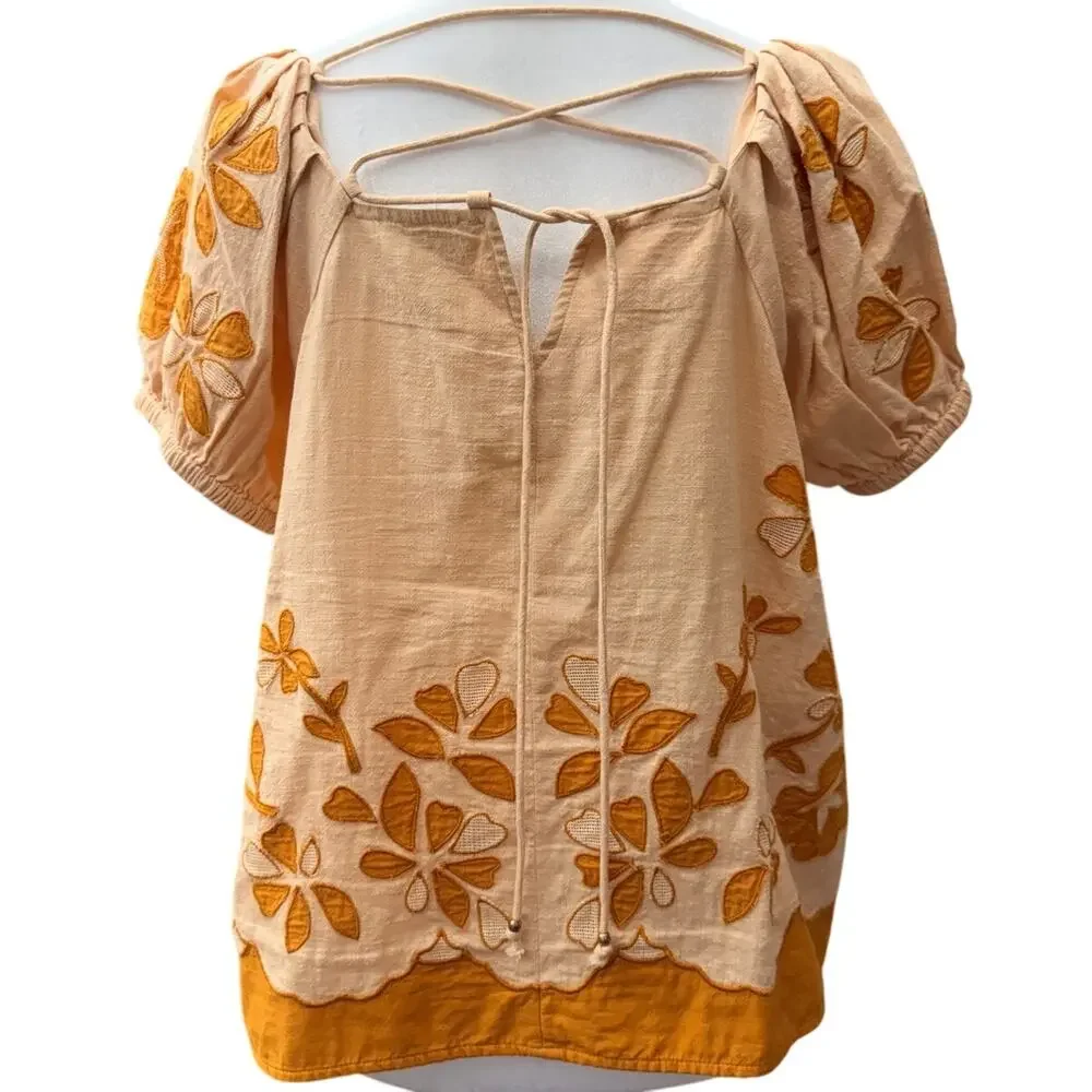 Madewell Embroidered Boho Puff Sleeve Top Cream Orange M NWOT